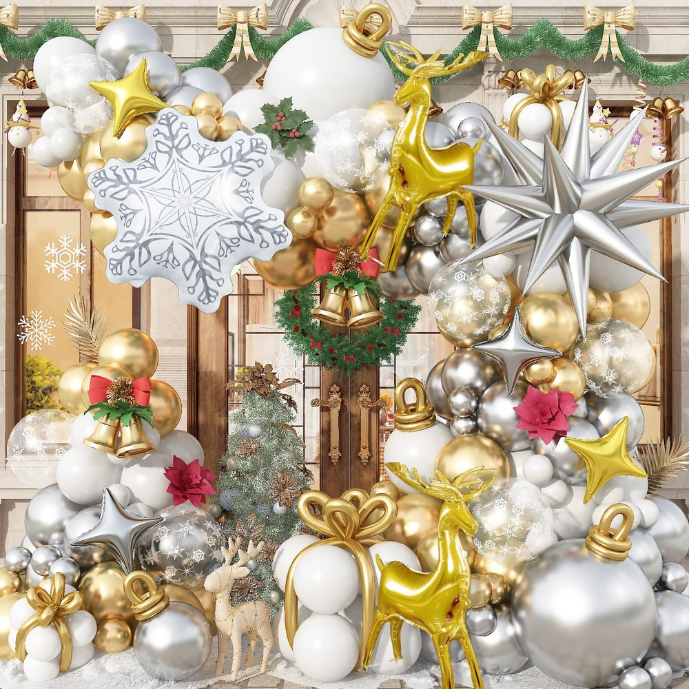 Jobkoo Snowflake Balloon Arch Garland Kit 124 Pcs SiIver White Gold Snow Balloons Snowflake Explosion Star Reindeer Foil Balloon for Christmas New Year Winter Wonderland Birthday Party Decor