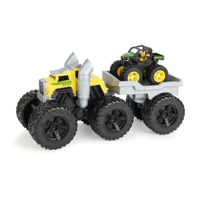 TOMY Monster Treads John Deere Roaring Rev Up Hauler Monster Truck Toy Set - Includes Monster Truck, Trailer, and John Deere Gator - Construction Toys with Hauling Action - 3 Count