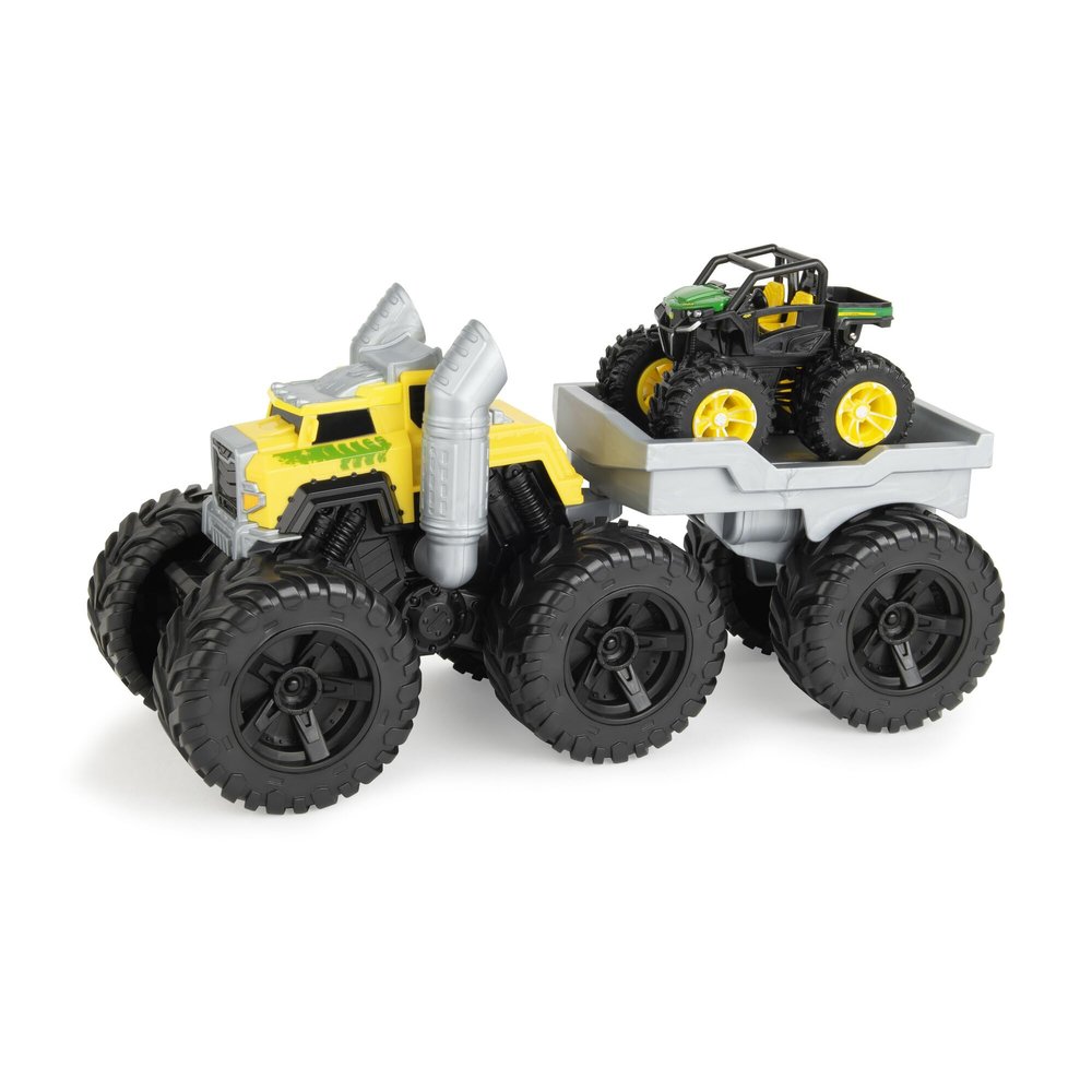 TOMY Monster Treads John Deere Roaring Rev Up Hauler Monster Truck Toy Set - Includes Monster Truck, Trailer, and John Deere Gator - Construction Toys with Hauling Action - 3 Count