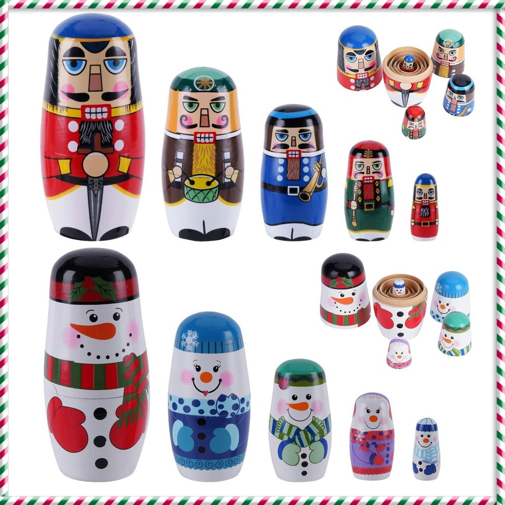 Tngan Chirstmas Russian Nesting Dolls, 2 Pack Wooden Handmade Nested Set Matryoshka Dolls, Russian Stacking Dolls Toys for Kids Toddlers Happy Chirstmas Home Decoration Gift(Snowman Nutcracker)