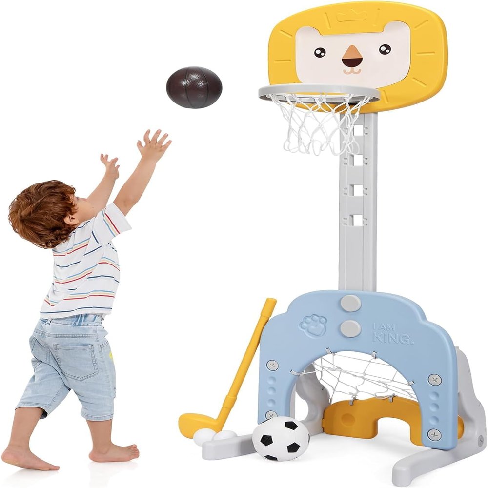 HOMGX Children's Basketball Hoop, Lion Shaped, Portable Indoor and Outdoor Basketball Goal Toy w/ 5 Adjustable Height Levels, Suitable for Young Boys and Girls (Yellow)