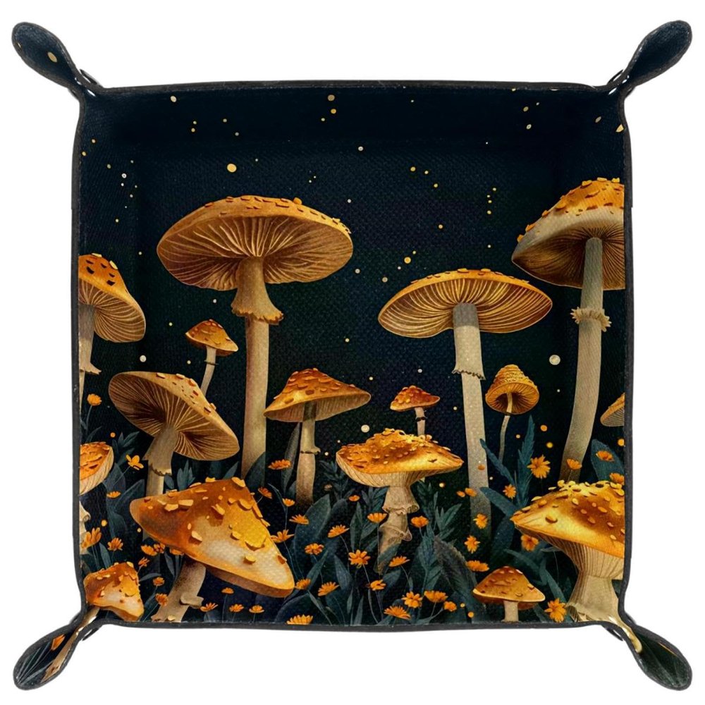 Starry Mushroom Microfiber Leather Dice Trays Folding for RPG DND Table Games, Leather Dice Holder Storage Box Portable Folding Rolling Dice Tray, 16x16cm