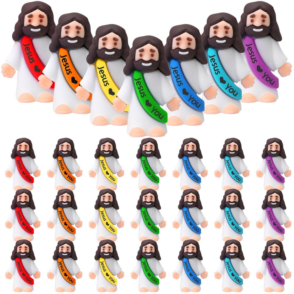 Bememo 25 Pcs Little Jesus Figures,Original Design Jesus Love You Rubber Religious Toys for Easter,Easter Basket Stuffers,Christian Party Favors Sunday School Baptism Church Gift(Rainbow Color)