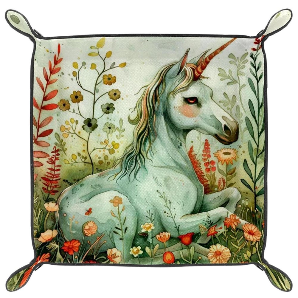 Garden Magical Unicorn Microfiber Leather Dice Trays Folding for RPG DND Table Games, Leather Dice Holder Storage Box Portable Folding Rolling Dice Tray, 20.5x20.5cm