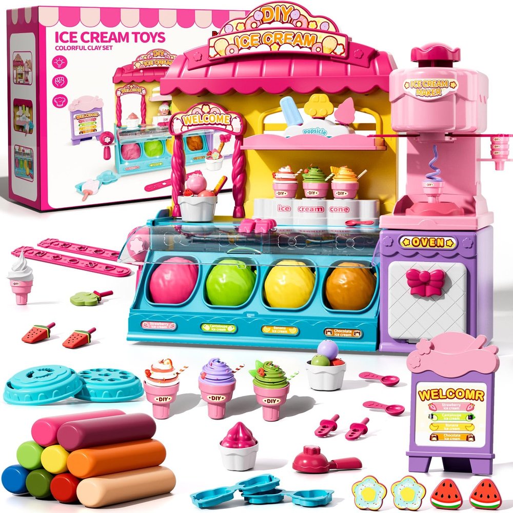 Beby Buty Ice Cream Toys Air Dry Clay Kit for Kids, 80 PCS Ice Cream Shop Set Food Toys for Girls 3 4 5 6 Years Old, Pretend Play Toys DIY Soft Magic Modeling Clay for Kids Girls Toddler 3-5 4-8