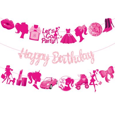 3Pcs Hot Pink Girl Happy Birthday Banners Glitter Hot Pink Princess Birthday Party Decorations for Girls Doll Theme Baby Shower Ladies Bachelorette Party Supplies