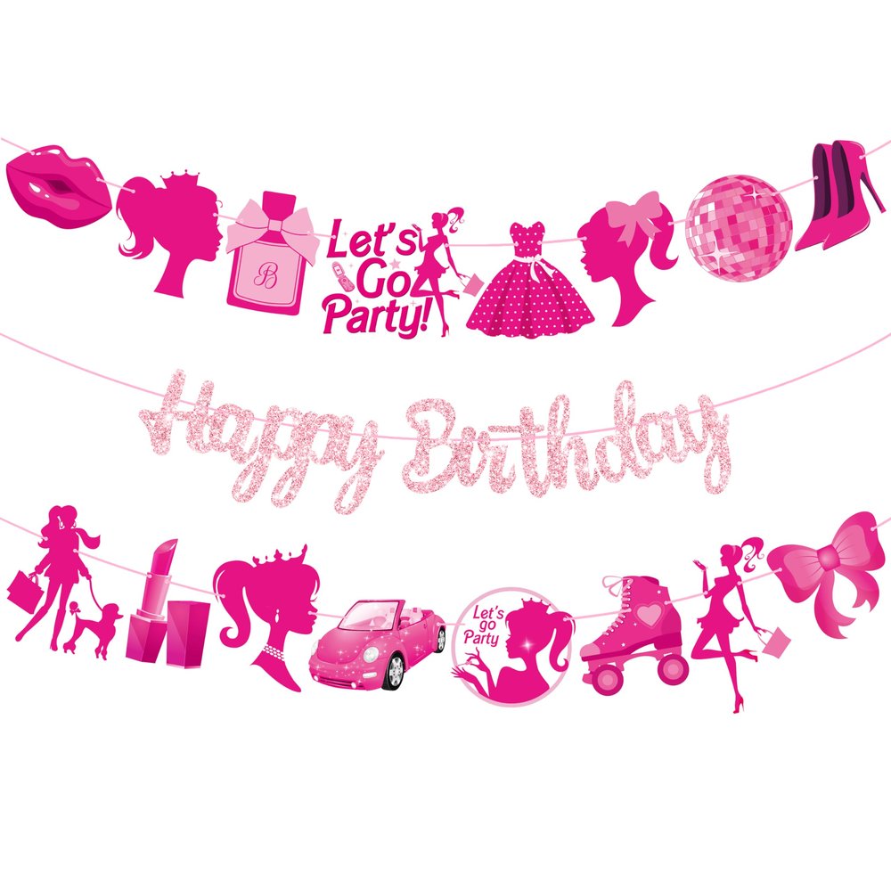 3Pcs Hot Pink Girl Happy Birthday Banners Glitter Hot Pink Princess Birthday Party Decorations for Girls Doll Theme Baby Shower Ladies Bachelorette Party Supplies