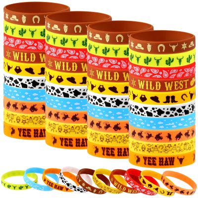 Youdaju 50Pcs Western Party Bracelets Cowboy Cowgirl Silicone Bracelets Western Themed Stretch Wristbands for Western Party Birthday Party Supplies Decorations,10 Different Patterns
