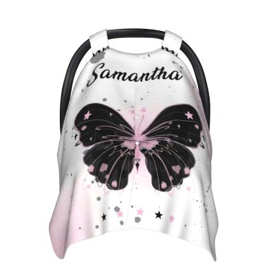 Personalized Baby Car Seat Canopy with Name, Custom Stroller Baby Car Seat Covers for Girls, Minky Nursing Carseat Cover for Breastfeeding, Car Seat Canopies for Infant Newborn(Butterfly Black)