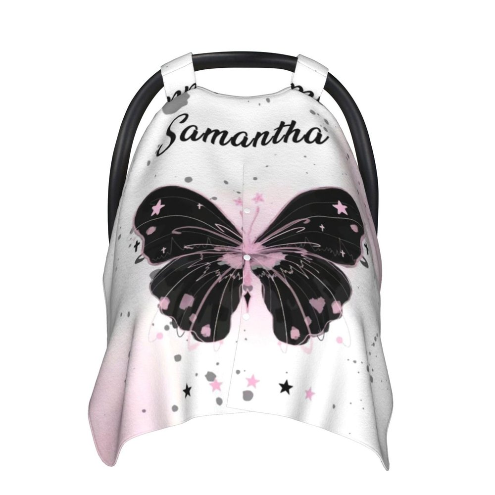 Personalized Baby Car Seat Canopy with Name, Custom Stroller Baby Car Seat Covers for Girls, Minky Nursing Carseat Cover for Breastfeeding, Car Seat Canopies for Infant Newborn(Butterfly Black)