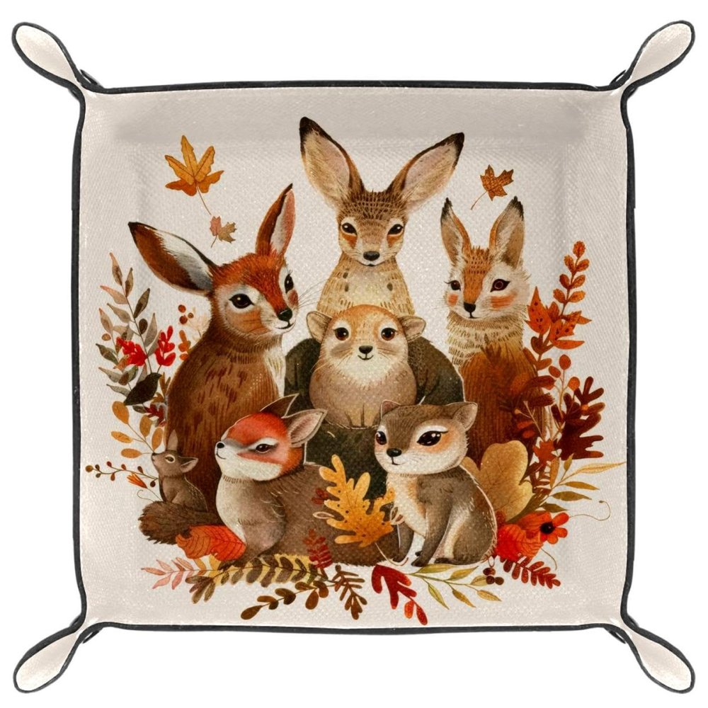 Autumn Lovely Animals Microfiber Leather Dice Trays Folding for RPG DND Table Games, Leather Dice Holder Storage Box Portable Folding Rolling Dice Tray, 20.5x20.5cm