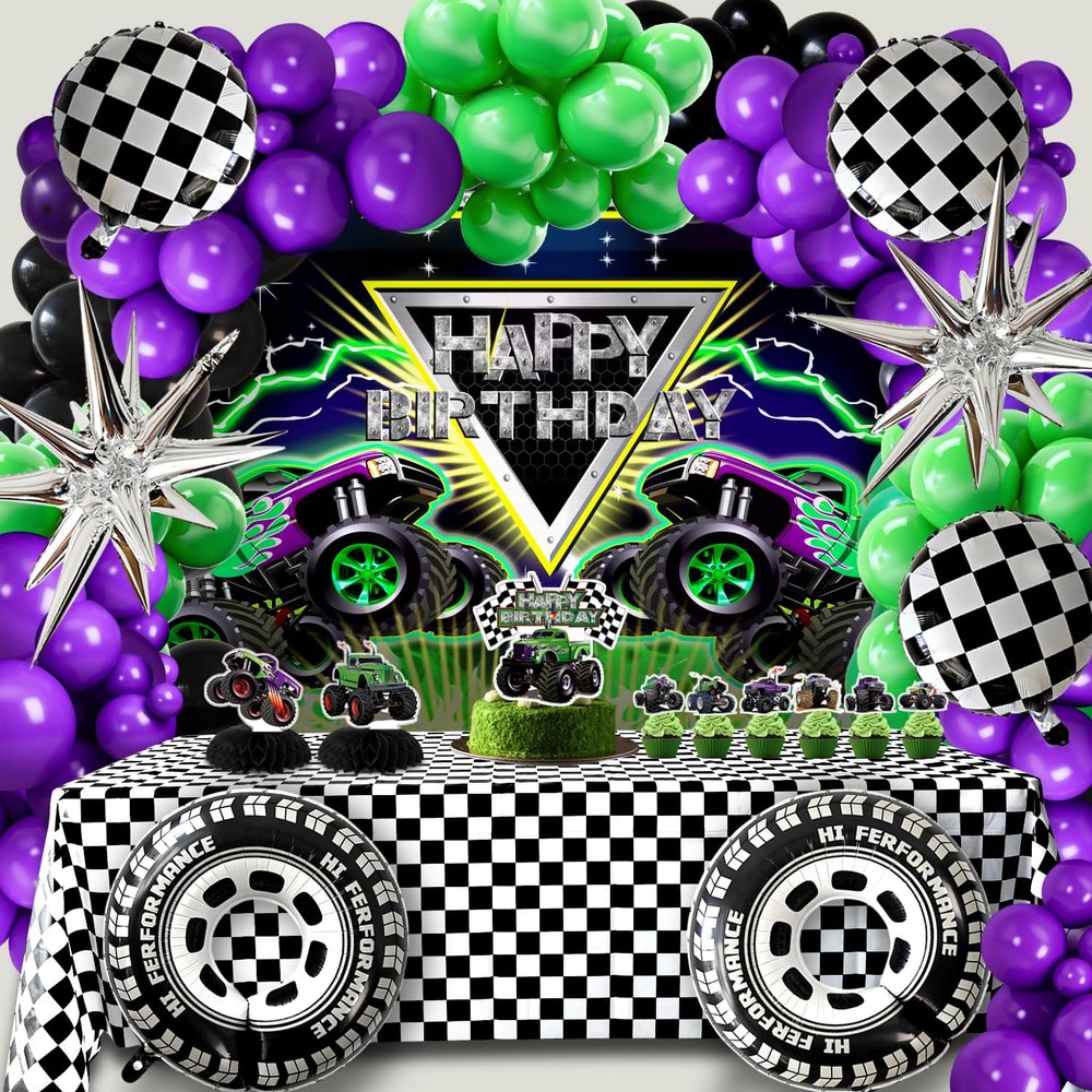 Monster Truck Birthday Party Decorations Racing Balloon Arch kit Large Wheel Checkered Balloon Honeycomb Centerpieces Backdrop Tablecloth Cake Topper