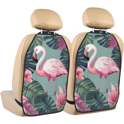 Kick Mat Back Seat Protector for Car 2 Pack Extra Large Car Back Seat Cover with 3 Storage Pockets Waterproof Seat Back Protector tropical leaves and flamingo Backseat Car Organizer for Trucks SUV