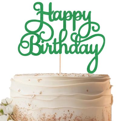EONNCNT Happy Birthday Cake Topper - Green Glitter Birthday Party Cake Decoration Supplies, Photo Booth Props
