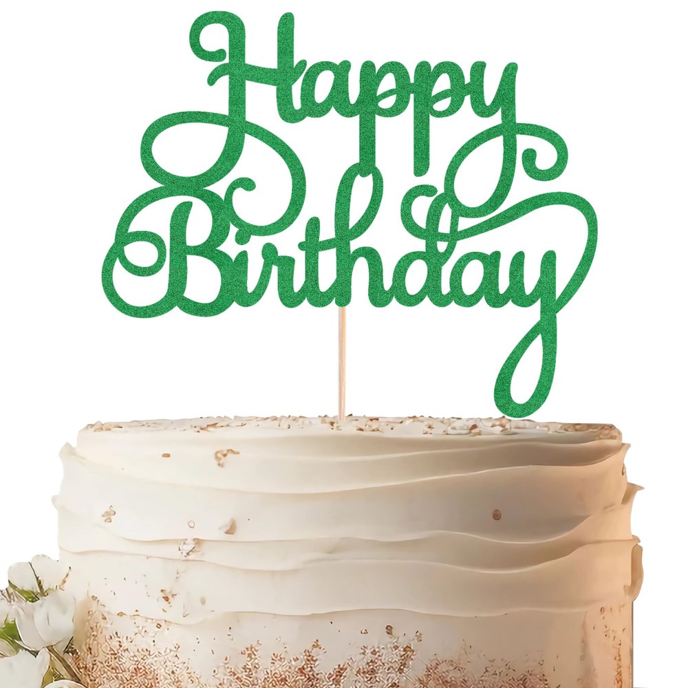 EONNCNT Happy Birthday Cake Topper - Green Glitter Birthday Party Cake Decoration Supplies, Photo Booth Props
