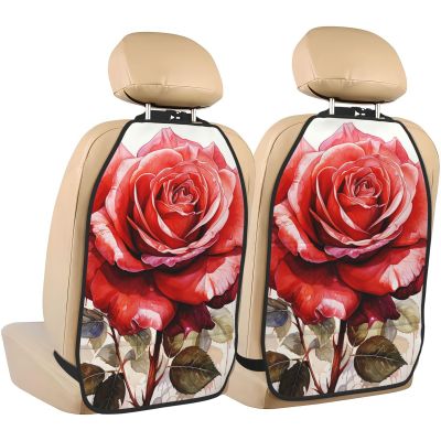 Kick Mat Back Seat Protector for Car 2 Pack Extra Large Car Back Seat Cover with 3 Storage Pockets Waterproof Seat Back Protector Red watercolor rose flower Backseat Car Organizer for Trucks SUV