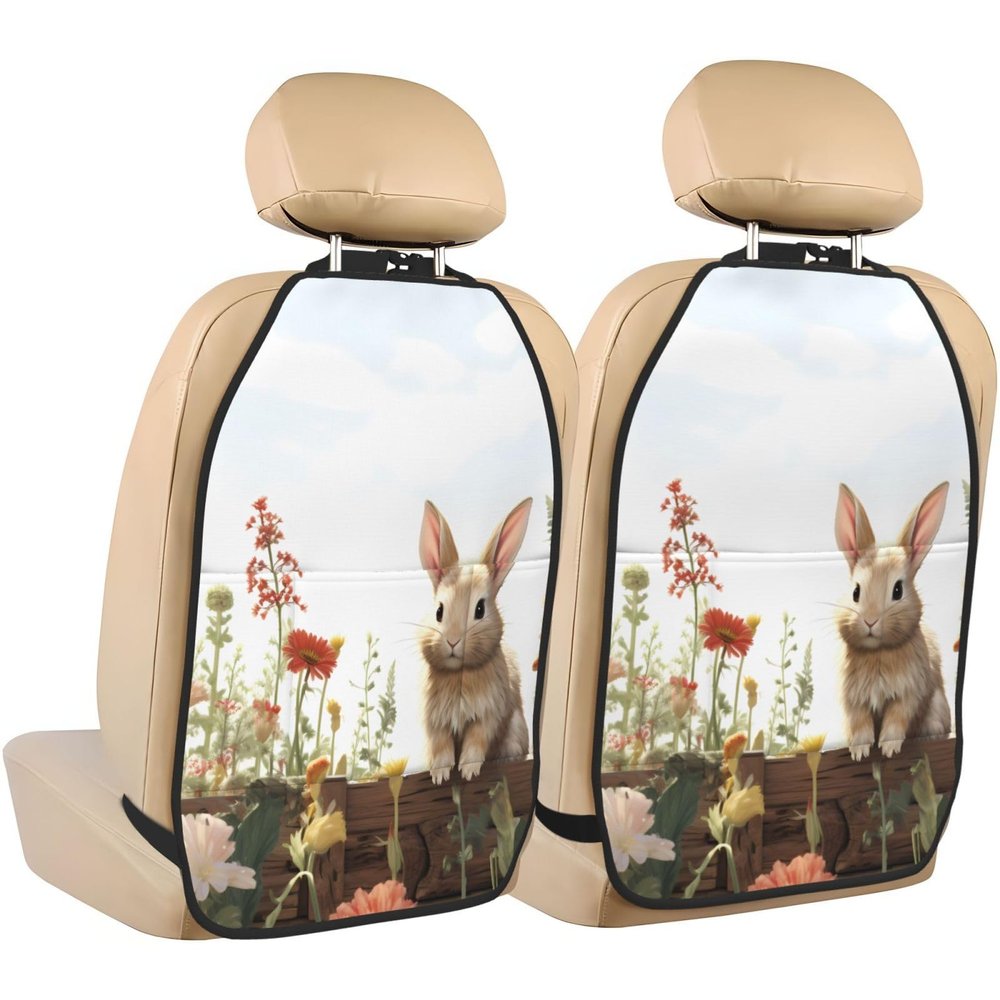 Kick Mat Back Seat Protector for Car 2 Pack Extra Large Car Back Seat Cover with 3 Storage Pockets Waterproof Seat Back Protector There is a rabbit in the yard Backseat Car Organizer for Trucks SUV