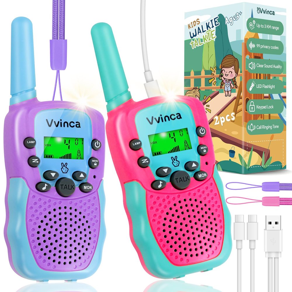 Vvinca Rechargeable Walkie Talkies for Kids 4 Pack, 5-7 Year Old Boy Toys Long Range 22 Channels 2 Way Kids Walkie Talkie with Flashlight for Camping Hiking Indoor Outdoor 3 4 5 6-12 Girl Boy Gift