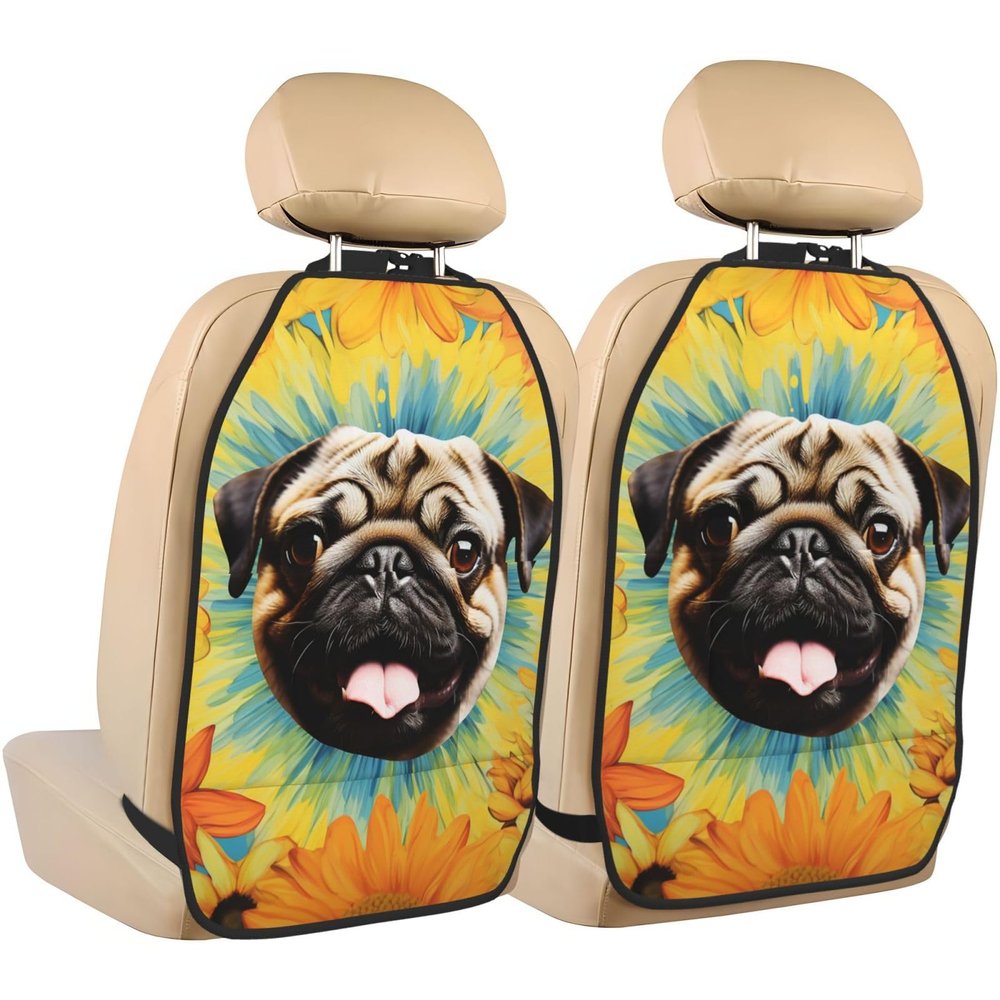 VTCTOASY Kick Mat Back Seat Protector for Car 2 Pack Extra Large Car Back Seat Cover with 3 Storage Pockets Waterproof Seat Back Protector Pug Tie Dye Sunflower Backseat Car Organizer for Trucks SUV