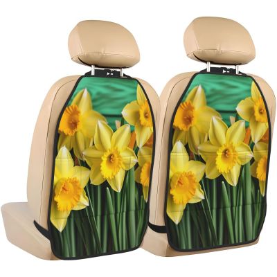 Kick Mat Back Seat Protector for Car 2 Pack Extra Large Car Back Seat Cover with 3 Storage Pockets Waterproof Seat Back Protector Yellow Daffodils Flowers Backseat Car Organizer for Trucks SUV