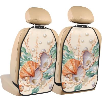 Kick Mat Back Seat Protector for Car 2 Pack Extra Large Car Back Seat Cover with 3 Storage Pockets Waterproof Seat Back Protector Pearl shell seaweed illustration Backseat Car Organizer for Trucks SUV