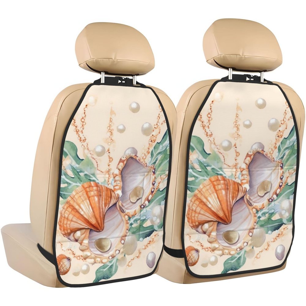 Kick Mat Back Seat Protector for Car 2 Pack Extra Large Car Back Seat Cover with 3 Storage Pockets Waterproof Seat Back Protector Pearl shell seaweed illustration Backseat Car Organizer for Trucks SUV