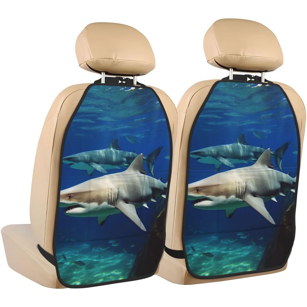 VTCTOASY Kick Mat Back Seat Protector for Car 2 Pack Extra Large Car Back Seat Cover with 3 Storage Pockets Waterproof Seat Back Protector Two White Sharks Backseat Car Organizer for Trucks SUV