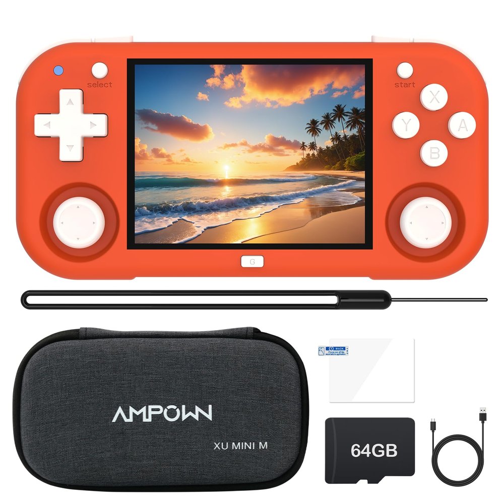 XU MINI M Retro Handheld Game Consoles, 2.8 inch IPS Screen, Built-in 64G TF Card, with 2600 mAh Battery Life 6 Hours with Case Orange