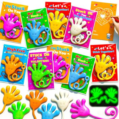 28Pack Glow in Dark Sticky Hands With Valentines Greeting Cards Bulk Valentines Party Favors for Kids Stretchy Toy Goodie Bag Pinata Stuffers Treasure Box Toys Exchange Gifts School Supplies