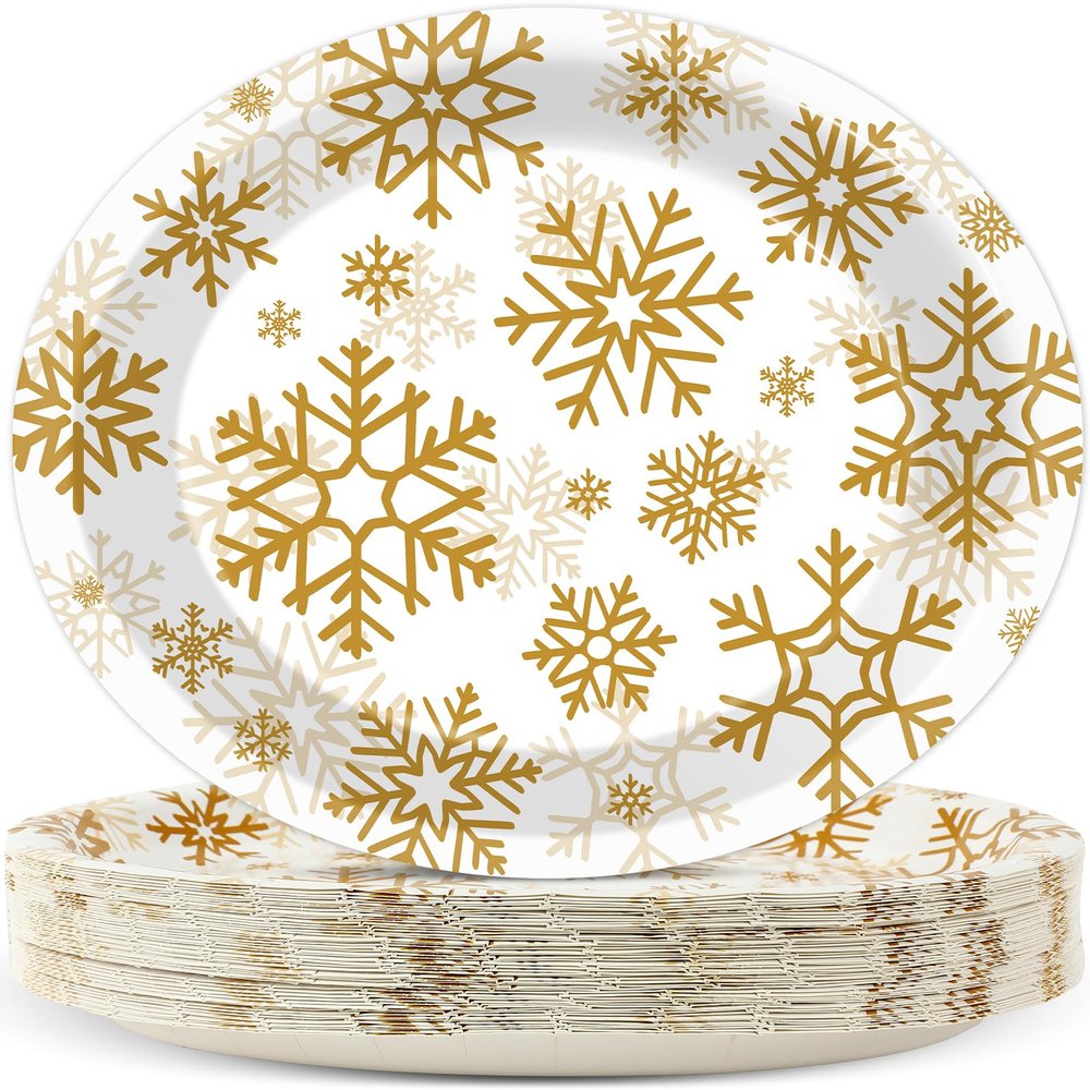 50 Count Christmas Oval Disposable Plates Winter Gold Snowflakes Paper Plates 10*12 inch Holiday Paper Plates Gold Snowflake Large Disposable Platter for Holiday Xmas Party Cookies Dinners Supplies
