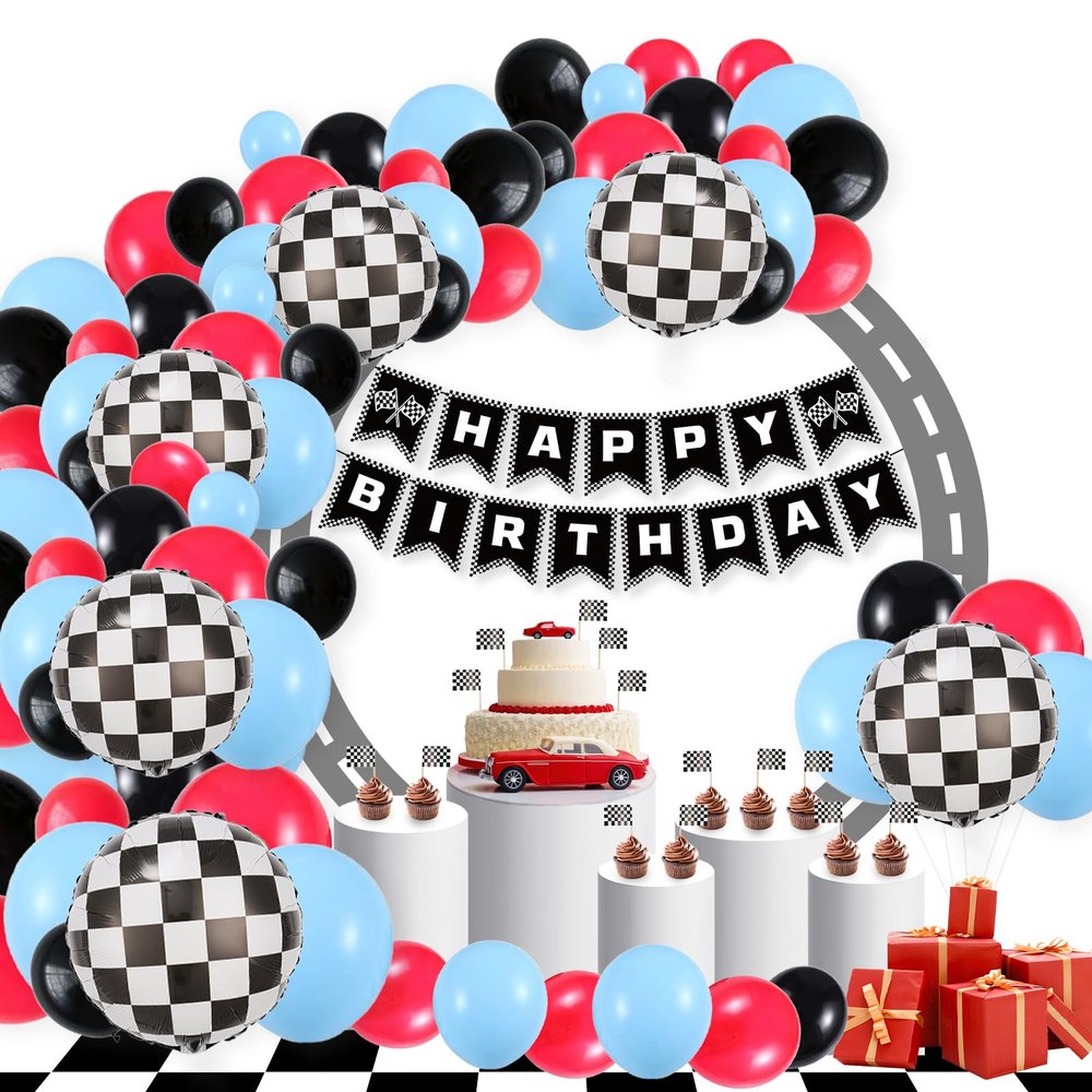 BIEUFBJI Race Car Balloons Arch Garland Kit 148Pcs Red Blue Black Checkered Flag Foil Balloon 100Pcs Racing Cake topper and 1Pcs Racing Birthday Banner for Race Car Theme Party Boy Two Fast Birthday Decor