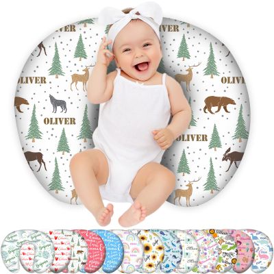Custom Baby Nursing Pillow Cover Personalized Name Woodland Deer Theme Breastfeeding Pillow Cover for Baby Boys and Girls