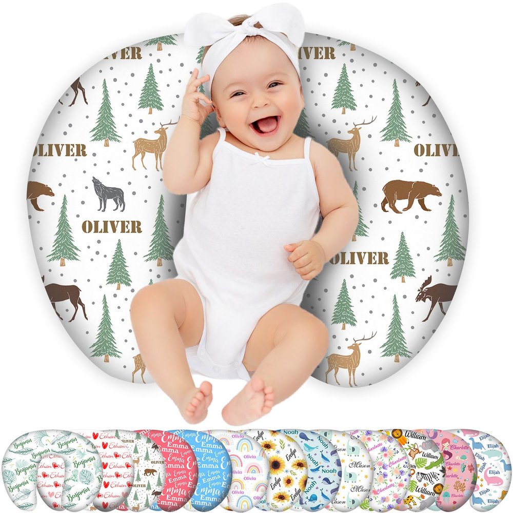 Custom Baby Nursing Pillow Cover Personalized Name Woodland Deer Theme Breastfeeding Pillow Cover for Baby Boys and Girls