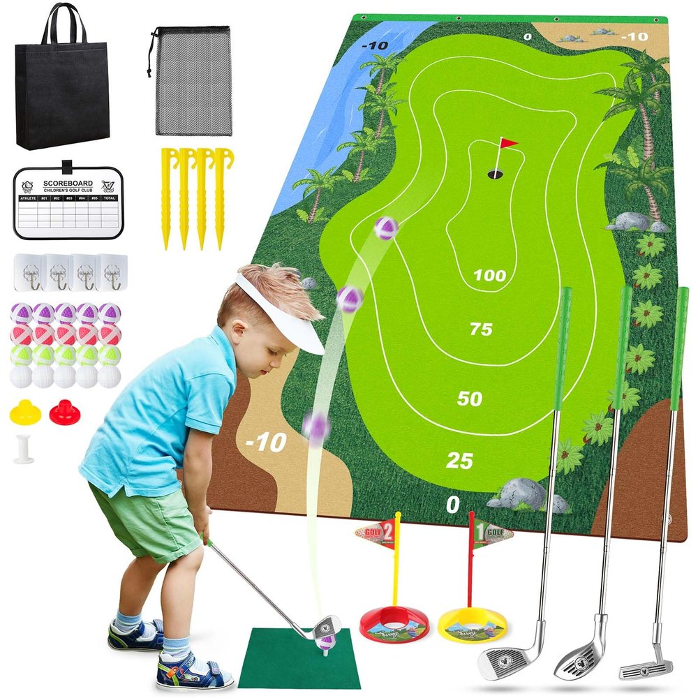Liberry Kids Golf Set for 3 4 5 6 7 Years Old Boys Girls, Golf Chipping Game with Mat, Sticky Balls, Storage Bag, Retractable Clubs, Outdoor Indoor Sports Christmas Toy Gift Toss Game (Silver)