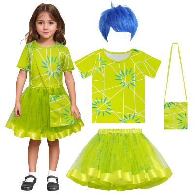 ADREIT Kids Disgust Costume Joy Costume Rainbow Tutu Dress Set for Girls Movie Cosplay Halloween Outfits with Wig