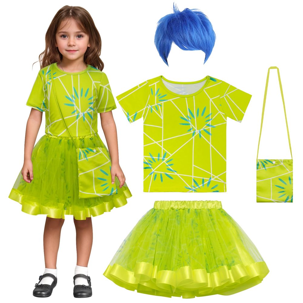 ADREIT Kids Disgust Costume Joy Costume Rainbow Tutu Dress Set for Girls Movie Cosplay Halloween Outfits with Wig
