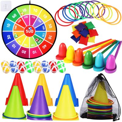 Libima 57 Pcs Carnival Games Combo Set for Kids, Bean Bags Ring Toss Game Dart Board with Sticky Balls Plastic Cones Egg Spoon Race Indoor Outdoor Party Supplies for Boys Girls Adults Birthday Gifts