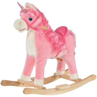 Qaba Rocking Horse, Kids Ride on Horse Unicorn Design with Wooden Base, Tail Wag & Sounds for Toddlers 3-6 Years Old, Pink