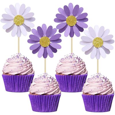 Ephlyn 24Pcs Purple Daisy Cupcake Toppers Flower Cake Toppers Daisy Cake Decorations Chrysanthemum Cupcake Toppers Spring Daisy Flower Cake Picks for Birthday Wedding Supplies