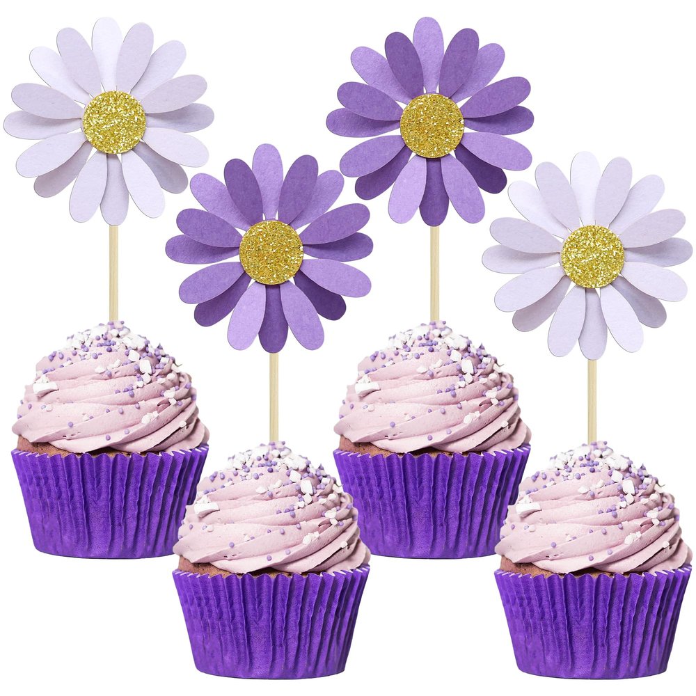 Ephlyn 24Pcs Purple Daisy Cupcake Toppers Flower Cake Toppers Daisy Cake Decorations Chrysanthemum Cupcake Toppers Spring Daisy Flower Cake Picks for Birthday Wedding Supplies
