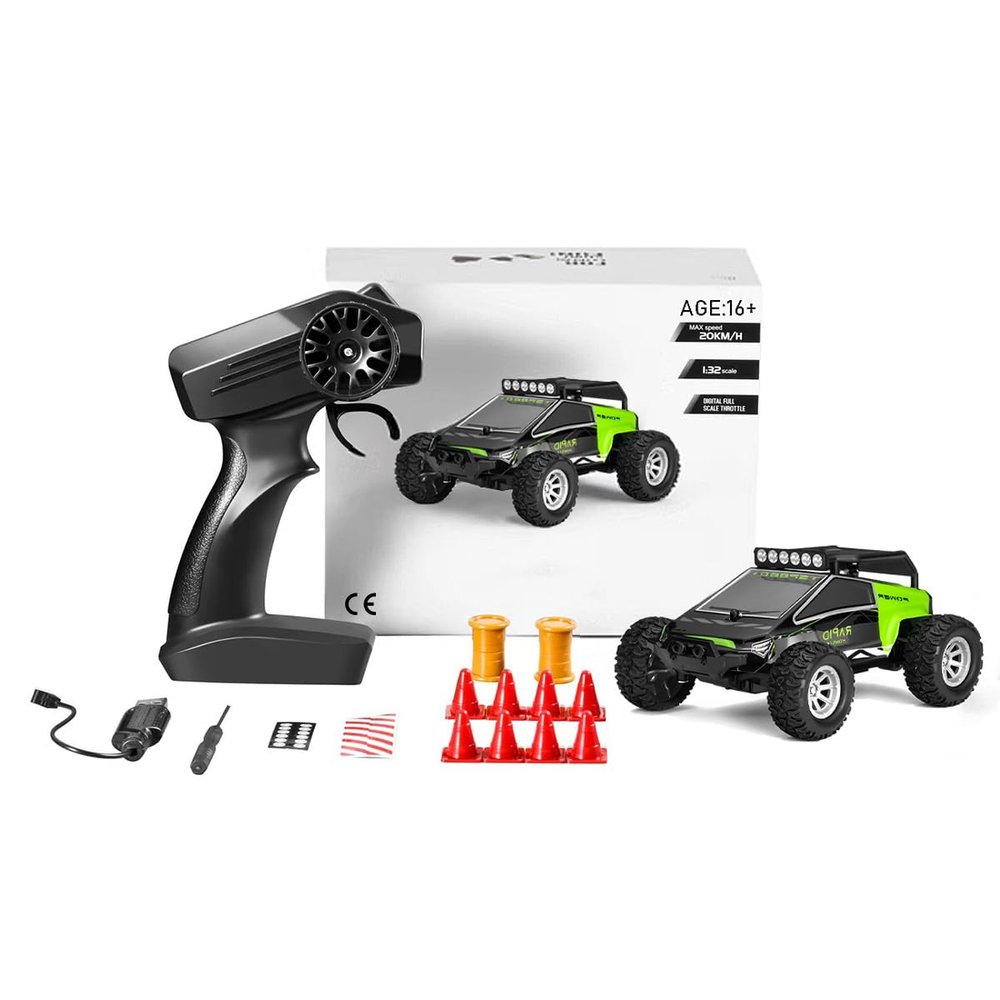 FunXylophy 1/32 RC Drift Car, 20KM/H 4WD High Speed All Terrain RC Cars with LED Lights, Gift for Boys (RTR Version/Green)