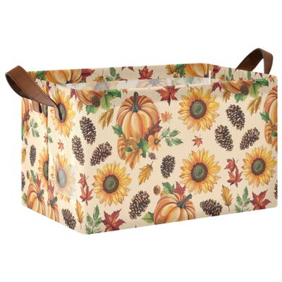 MNSRUU Fabric Storage Box Storage Basket with Handle, Autumn Fall Thanksgiving Pumpkin Sunflower Decorative Storage Cubes Foldable Storage Bins for Organizing Closet Shelf, Cube Storage Organizer Box