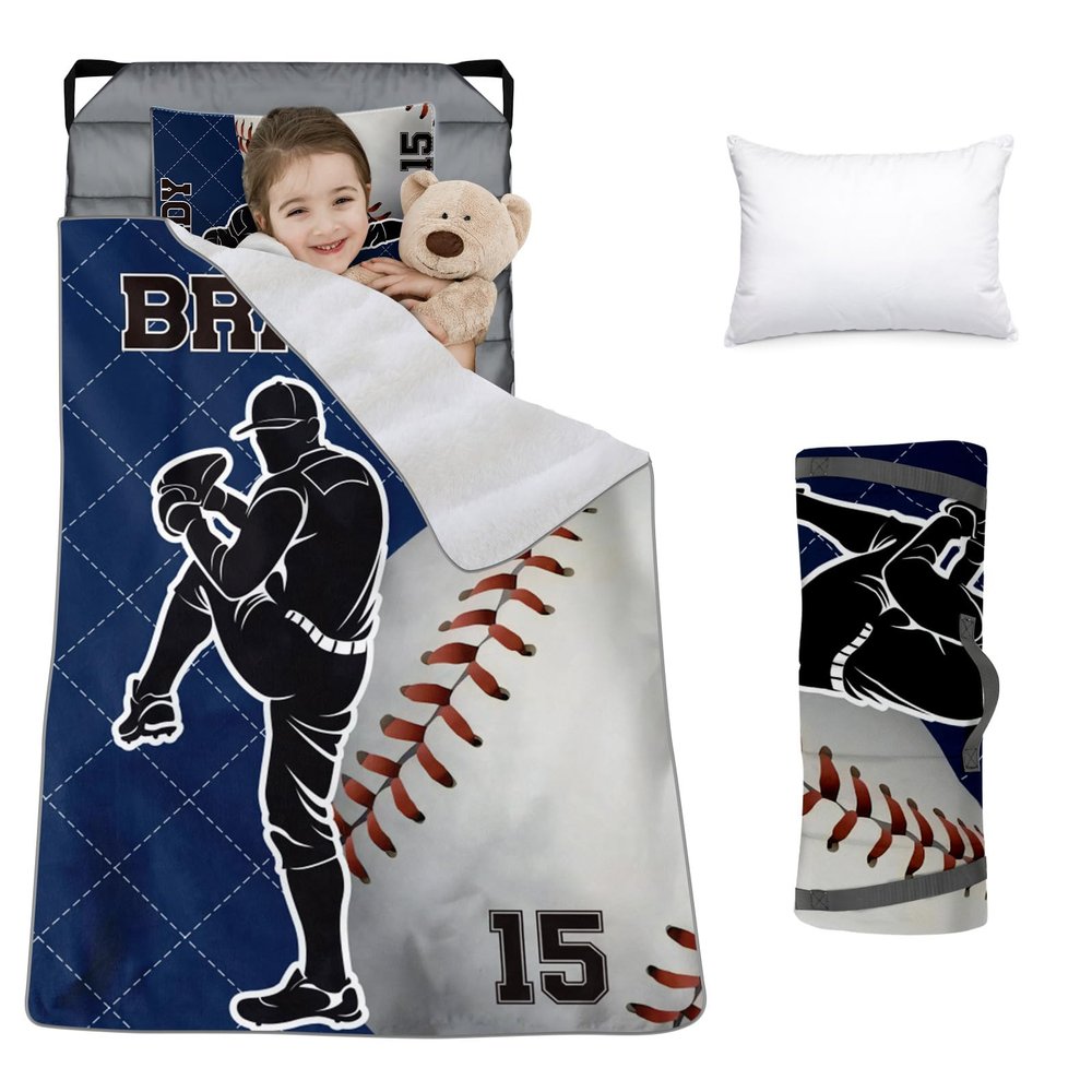 Custom Toddler Nap Mat for Preschool, Personalized Name Slumber Bags with Baseball Designs for Kids Daycare, Roll Up Sleeping Mats with Flannel Blanket & Removable Pillow for Boys Girls Color16