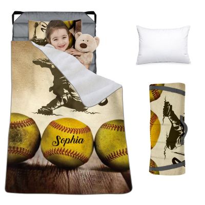 Custom Toddler Nap Mat for Preschool, Personalized Name Slumber Bags with Baseball Designs for Kids Daycare, Roll Up Sleeping Mats with Flannel Blanket & Removable Pillow for Boys Girls Color20
