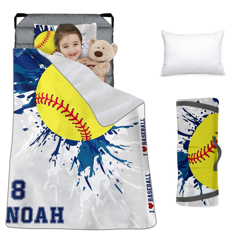 Custom Toddler Nap Mat for Preschool, Personalized Name Slumber Bags with Baseball Designs for Kids Daycare, Roll Up Sleeping Mats with Flannel Blanket & Removable Pillow for Boys Girls Color22