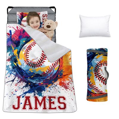 Custom Toddler Nap Mat for Preschool, Personalized Name Slumber Bags with Baseball Designs for Kids Daycare, Roll Up Sleeping Mats with Flannel Blanket & Removable Pillow for Boys Girls Color11
