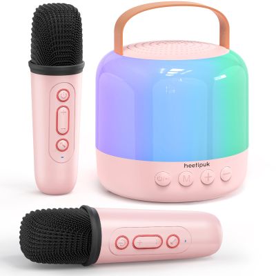 Mini Karaoke Machine for Kids Adults,Portable Bluetooth Speaker with 2 Wireless Microphones Toys Gifts for Girls 4-12 Years Old,Karaoke Speaker with Dazzling Lights (Pink-Square Mics)
