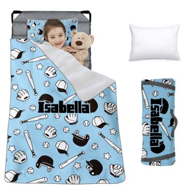 Custom Toddler Nap Mat for Preschool, Personalized Name Slumber Bags with Baseball Designs for Kids Daycare, Roll Up Sleeping Mats with Flannel Blanket & Removable Pillow for Boys Girls Color02