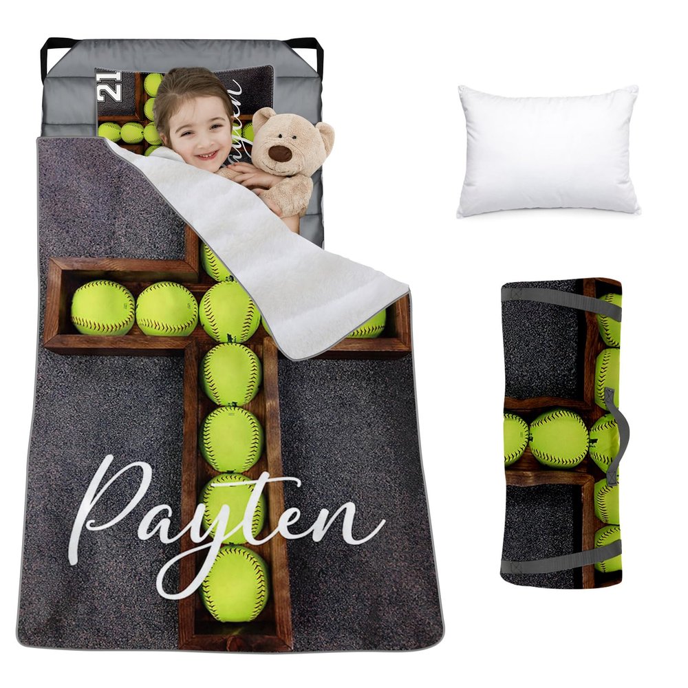 Custom Toddler Nap Mat for Preschool, Personalized Name Slumber Bags with Baseball Designs for Kids Daycare, Roll Up Sleeping Mats with Flannel Blanket & Removable Pillow for Boys Girls Color17