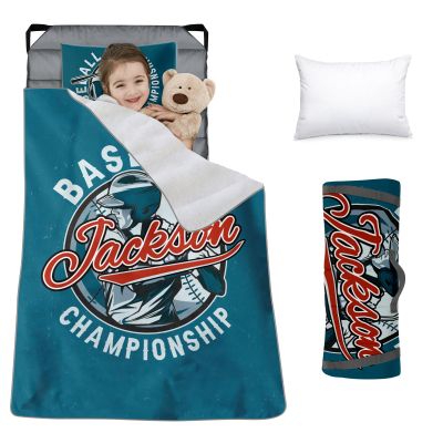 Custom Toddler Nap Mat for Preschool, Personalized Name Slumber Bags with Baseball Designs for Kids Daycare, Roll Up Sleeping Mats with Flannel Blanket & Removable Pillow for Boys Girls Color09